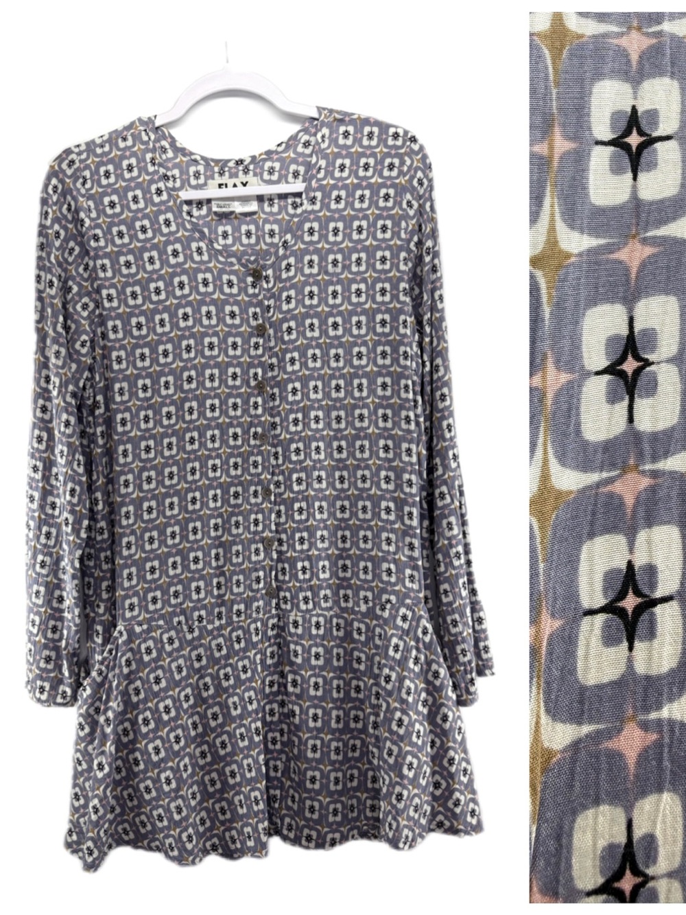 FLAX Geometric Print Drop Waist Button Front Rayon Mini Dress Small